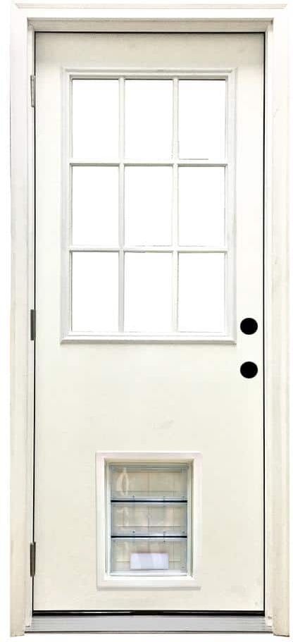 Steves & Sons 36 in. x 80 in. Reliant Series Clear 9 Lite RHOS White Primed Fiberglass Prehung Front Door with Large Pet Door