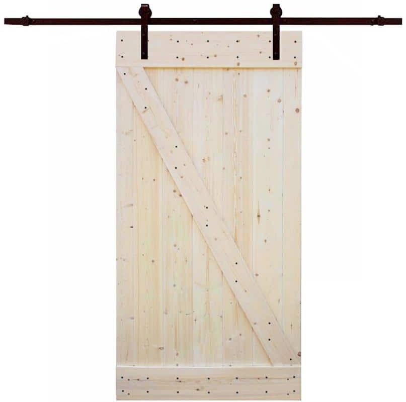 CALHOME 42 in.x84 in. Z Bar DIY 1-Panel Unfinished Natural Wood Sliding Barn Door w/ 8 ft. Dark Coffee Sliding Door Hardware Kit