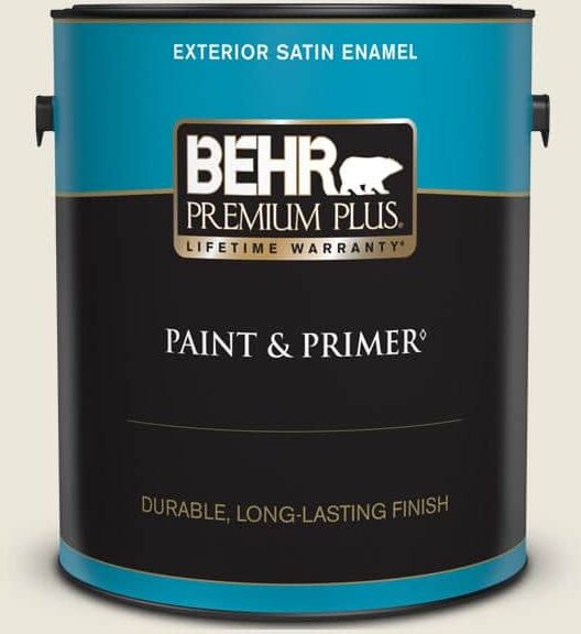 BEHR PREMIUM PLUS 1 gal. #BXC-32 Picket Fence White Satin Enamel Exterior Paint & Primer