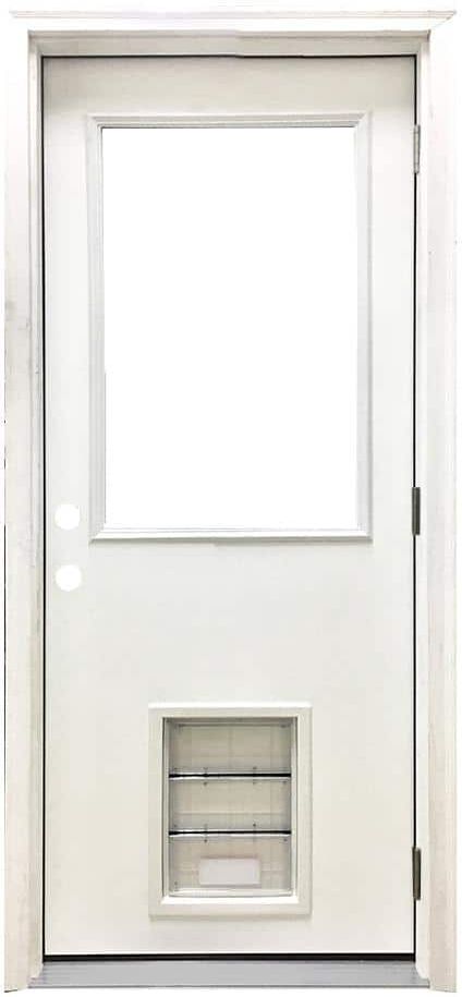 Steves & Sons 30 in. x 80 in. Reliant Series Clear Half Lite LHOS White Primed Fiberglass Prehung Front Door with Large Pet Door