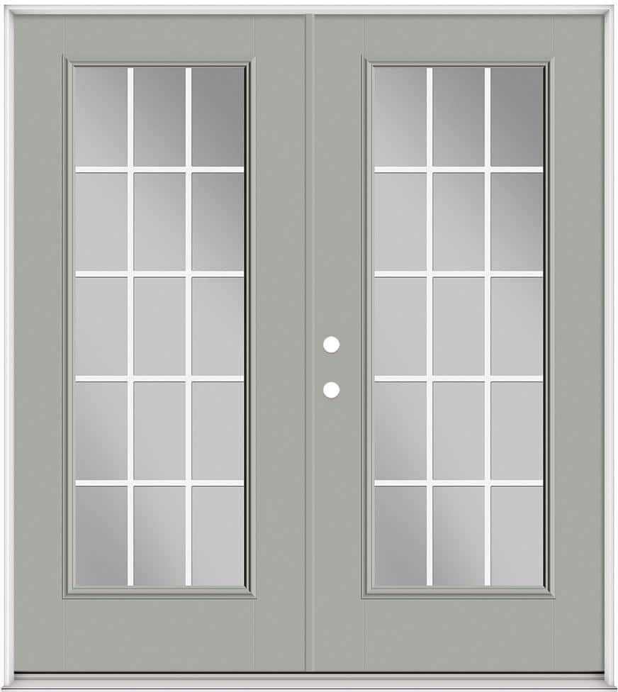 Masonite 72 in. x 80 in. Silver Cloud Fiberglass Prehung Right-Hand Inswing GBG 15-Lite Clear Glass Patio Door with Vinyl Frame