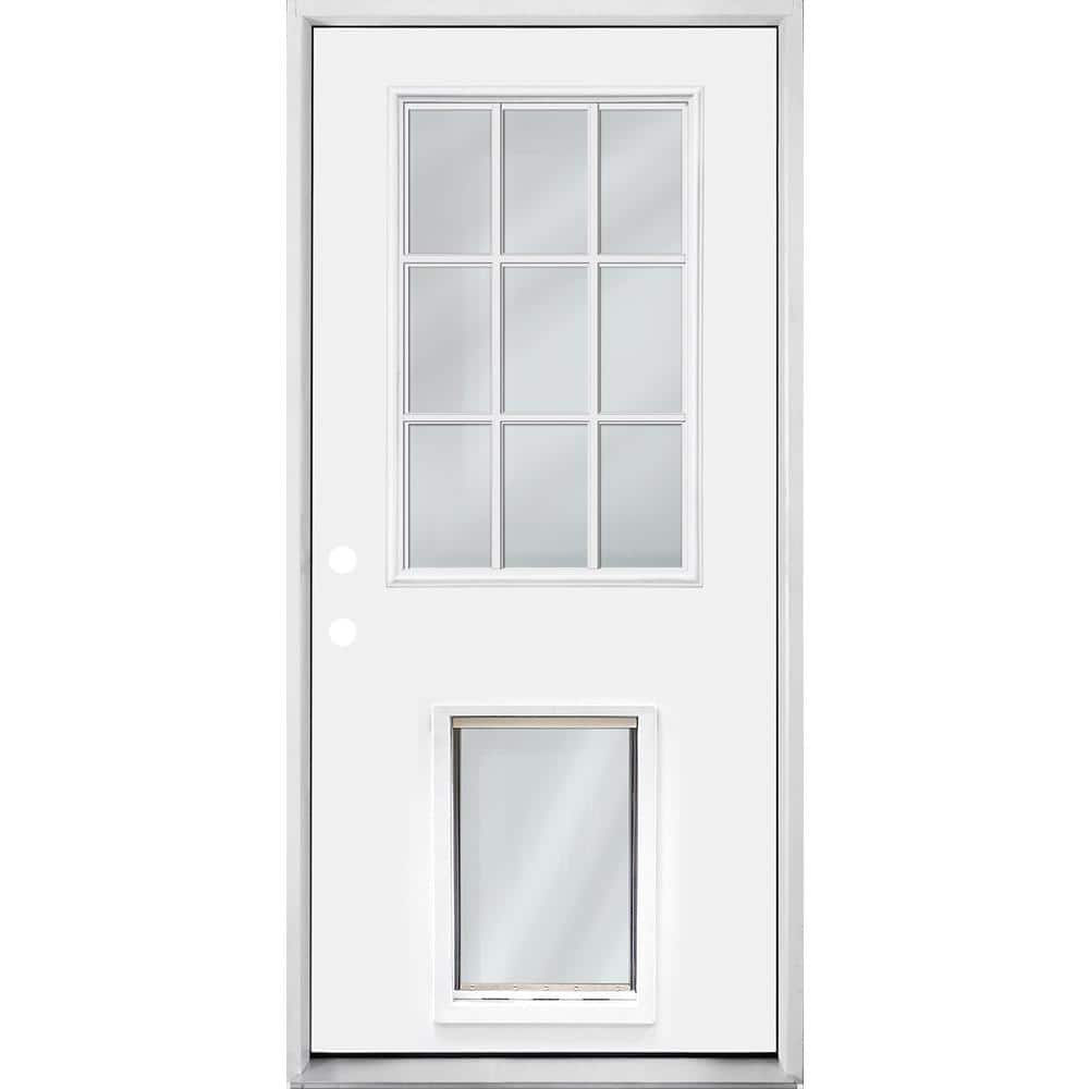 Steves & Sons 36 in. x 80 in. Reliant Series White Primed RHIS 9-Lite Clear Fiberglass Prehung Front Door with Extra Large Pet Door
