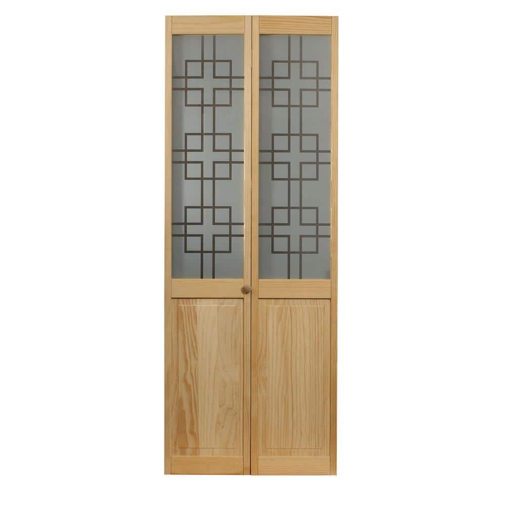 Pinecroft 31.5 in. x 78.625 in. Geometric Glass Over Raised 1/2-Lite Decorative Panel Pine Wood Interior Bi-fold Door