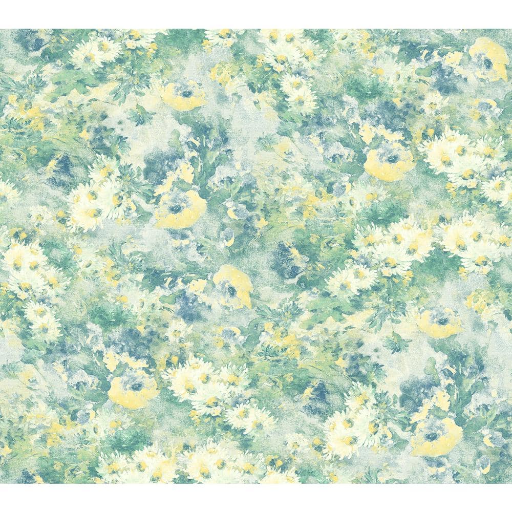 Seabrook Designs Daisy Watercolor Metallic Blue Mist, Teal, and Daffodil Paper Strippable Roll (Covers 60.75 sq. ft.)