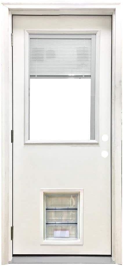 Steves & Sons 36 in. x 80 in. Reliant Series Clear Mini-Blind RHOS White Primed Fiberglass Prehung Front Door with Large Pet Door