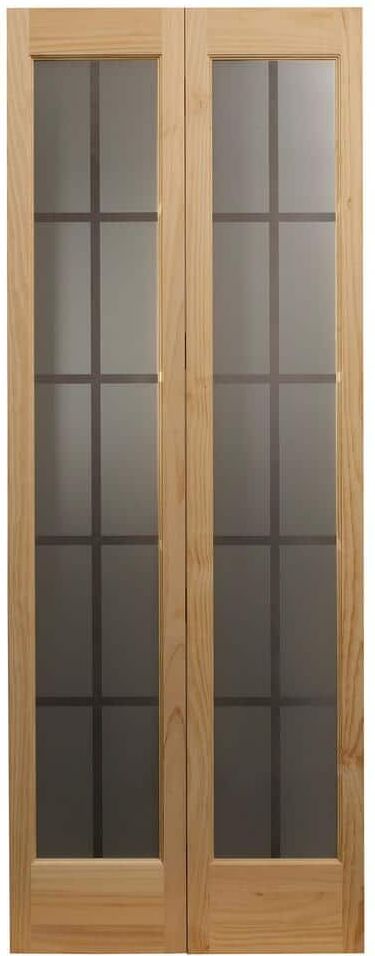 Pinecroft 31.5 in. x 78.625 in. Mission Unfinished Pine Full Lite Decorative Glass Solid Core Wood Bi-fold Door