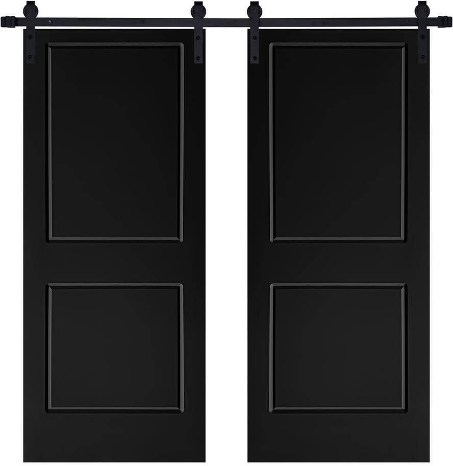 AIOPOP HOME Modern 2-Panel Designed 56 in. x 84 in. MDF Panel Black Painted Double Sliding Barn Door with Hardware Kit