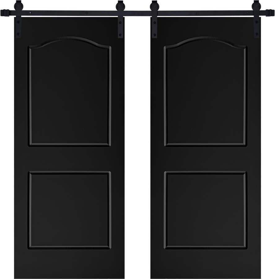 AIOPOP HOME Modern Archtop Designed 84 in. x 96 in. 2-Panel MDF Panel Black Painted Double Sliding Barn Door with Hardware Kit