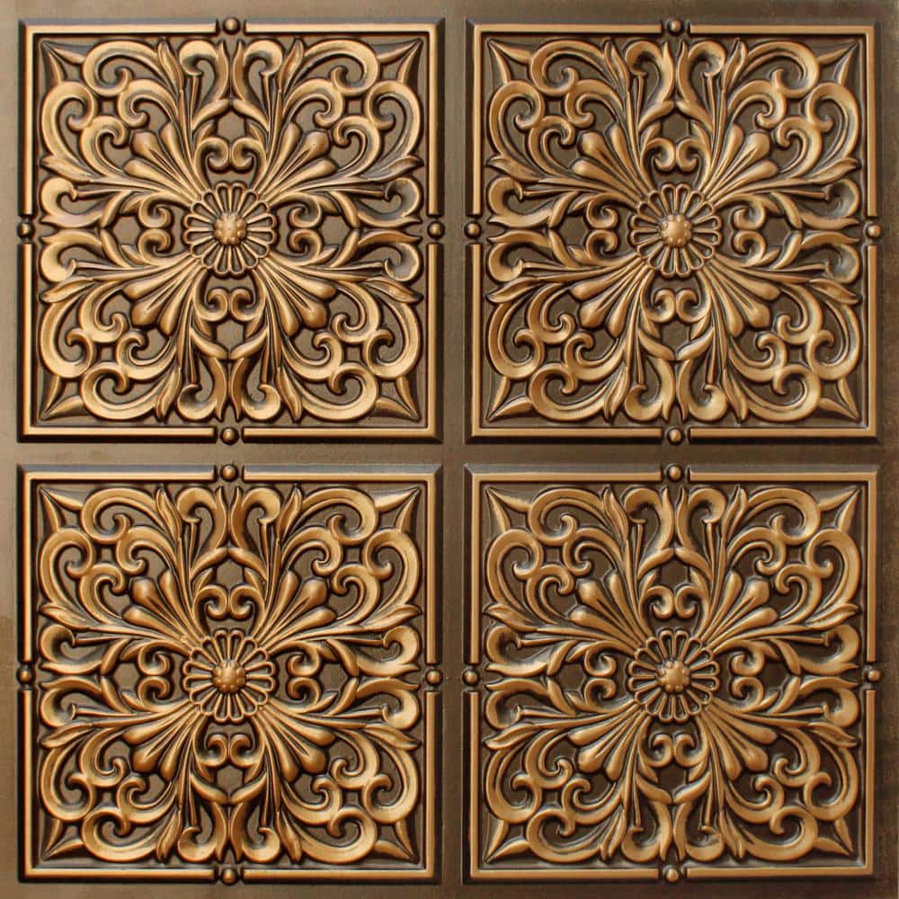 Dundee Deco Falkirk Perth Antique Gold 2 ft. x 2 ft. Decorative Rustic Glue Up Ceiling Tile (4 sq. ft./case)