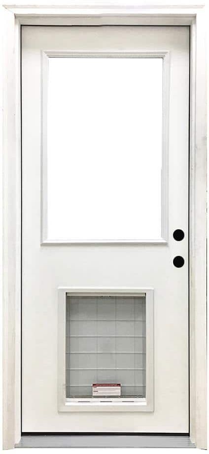 Steves & Sons 30 in. x 80 in. Reliant Series Clear Half Lite LHIS White Primed Fiberglass Prehung Back Door with Extra Large Pet Door