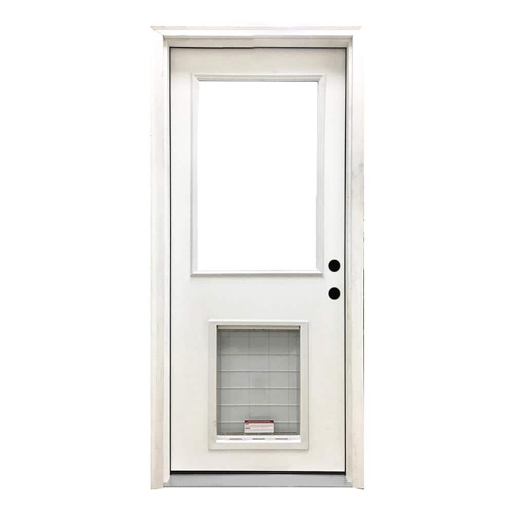 Steves & Sons 36 in. x 80 in. Reliant Series Clear Half Lite LHIS White Primed Fiberglass Prehung Back Door with Extra Large Pet Door