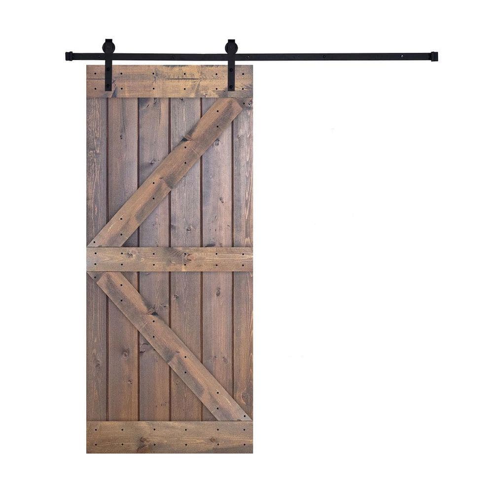 Dessliy K Series 42 in. x 84 in. Fully Set Up Made-In-USA Brair Smoke Finished Pine Wood Sliding Barn Door With Hardware Kit