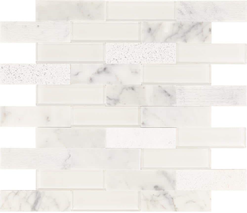 Daltile Xpress Mosaix Peel 'N Stick White Carrara 14 in. x 12 in. Glass/Marble Brick Joint Mosaic Tile (11.64 sq. ft./Case)