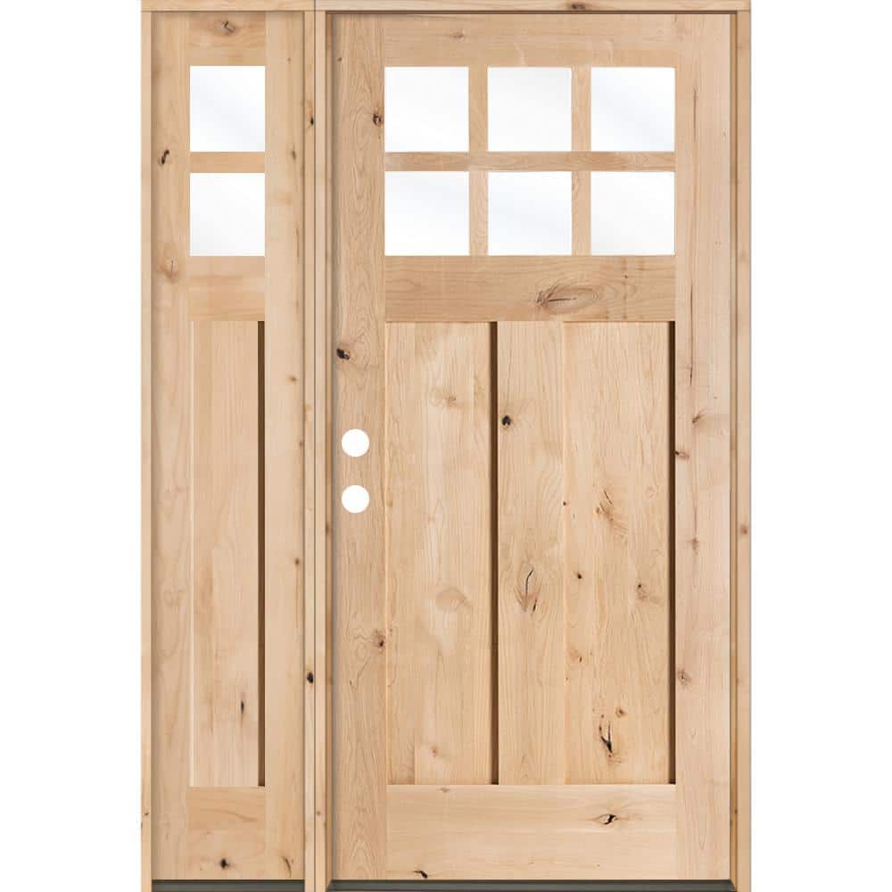 Krosswood Doors 50 in. x 80 in. Craftsman Alder 2 Panel 6-Lite Clear Low-E Unfinished Wood Right-Hand Prehung Front Door/Left Sidelite