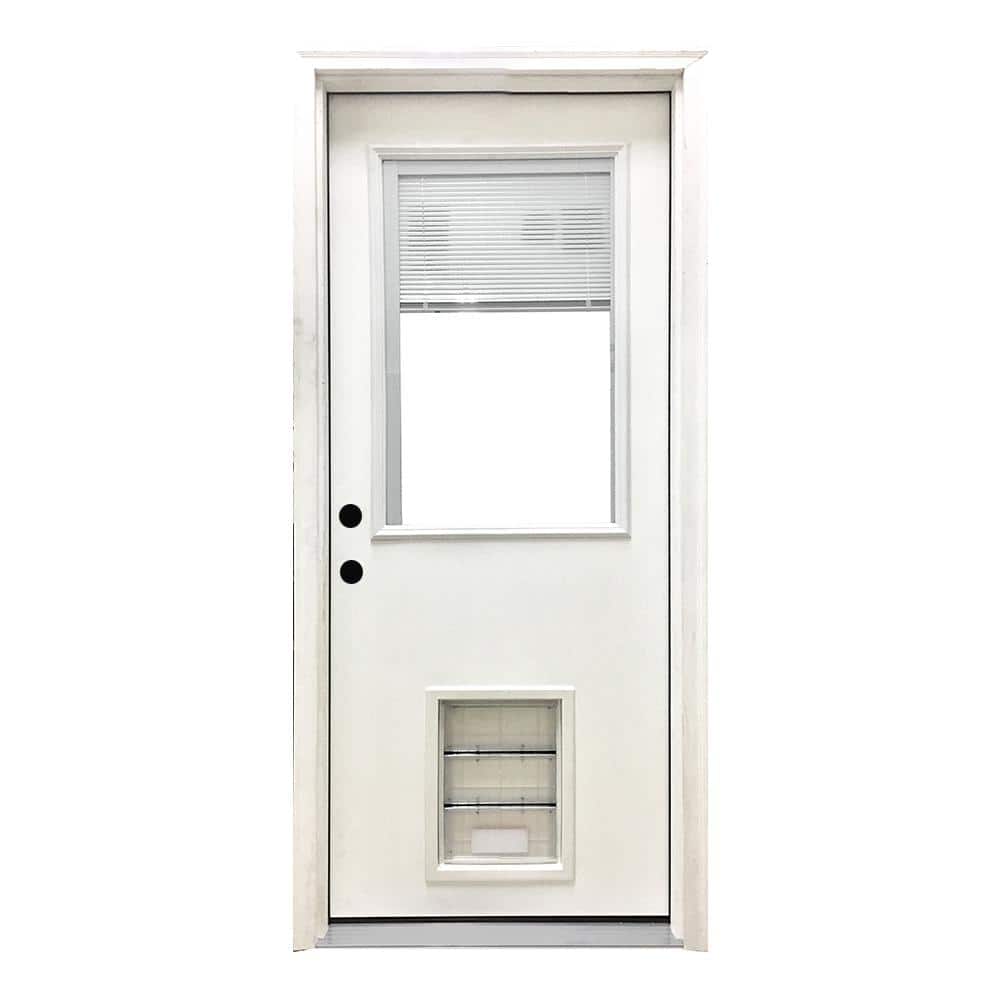 Steves & Sons 32 in. x 80 in. Reliant Series Clear Mini-Blind RHIS White Primed Fiberglass Prehung Front Door with Large Pet Door