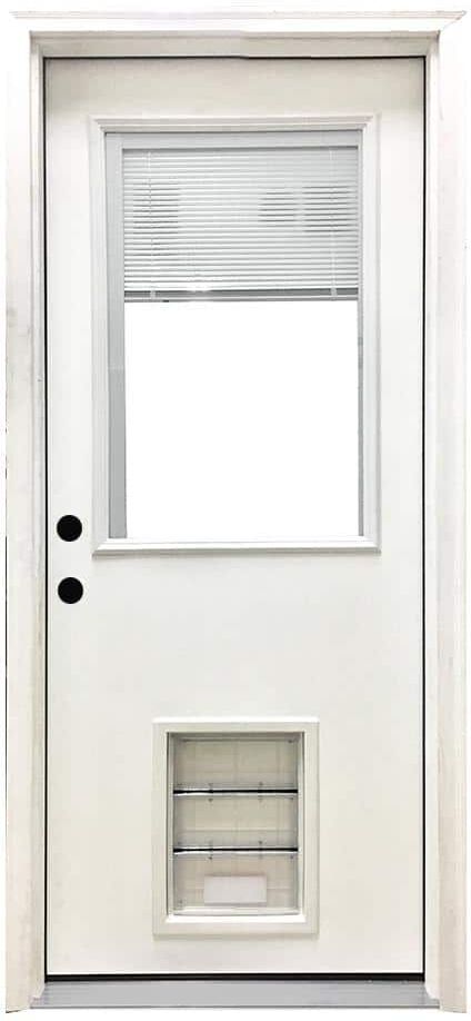 Steves & Sons 36 in. x 80 in. Reliant Series Clear Mini-Blind RHIS White Primed Fiberglass Prehung Front Door with Large Pet Door