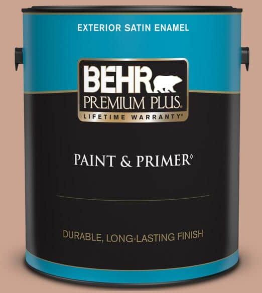 BEHR PREMIUM PLUS 1 gal. #220F-4 Sombrero Tan Satin Enamel Exterior Paint & Primer