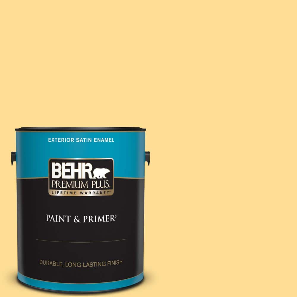 BEHR PREMIUM PLUS 1 gal. #350B-5 Straw Hat Satin Enamel Exterior Paint & Primer