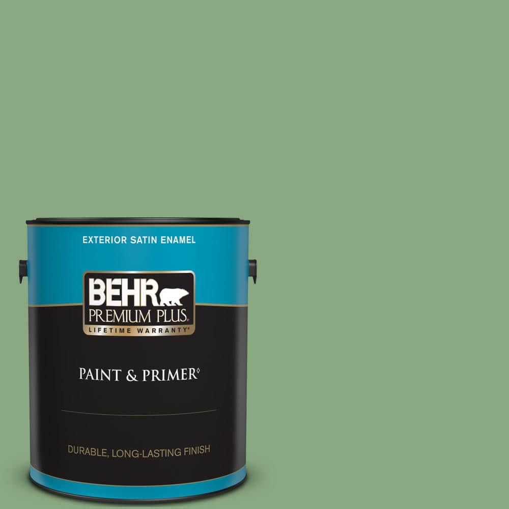 BEHR PREMIUM PLUS 1 gal. #M400-5 Baby Spinach Satin Enamel Exterior Paint & Primer