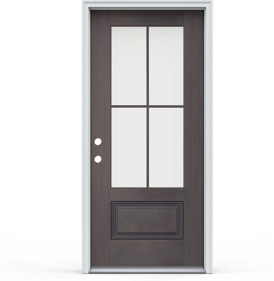 JELD-WEN 36 in. x 80 in. 1-Panel Right-Hand/Inswing 4-Lite Clear Glass Earl Grey Fiberglass Prehung Front Door with Brickmould