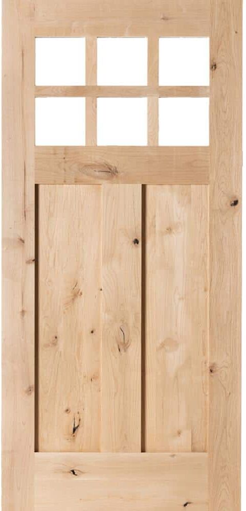 Krosswood Doors 36 in. x 80 in. Craftsman 2-Panel 6-Lite Clear Low-E Knotty Alder Unfinished Wood Front Door Slab