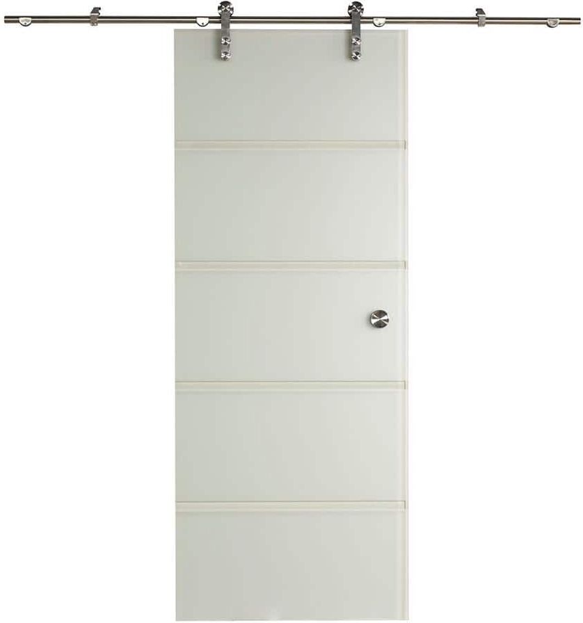 Pinecroft 34 in. x 81 in. Contour Glass Full Lite Frost Sliding Barn Door with Hardware Kit