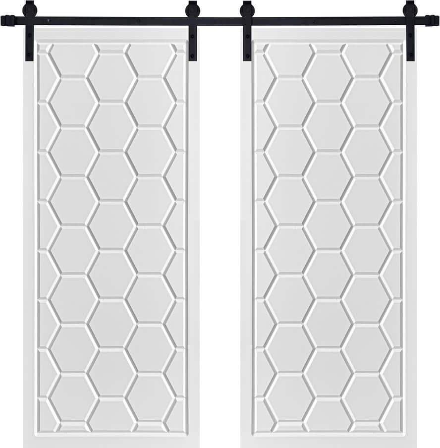 AIOPOP HOME Modern Honeycomb Designed 48 in. x 84 in. MDF Panel White Painted Double Sliding Barn Door with Hardware Kit