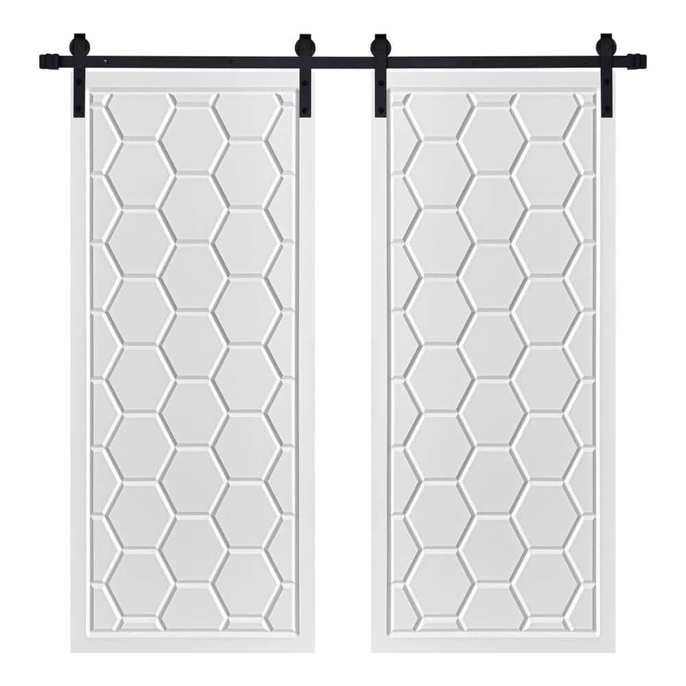 AIOPOP HOME Modern Honeycomb Designed 84 in. x 96 in. MDF Panel White Painted Double Sliding Barn Door with Hardware Kit