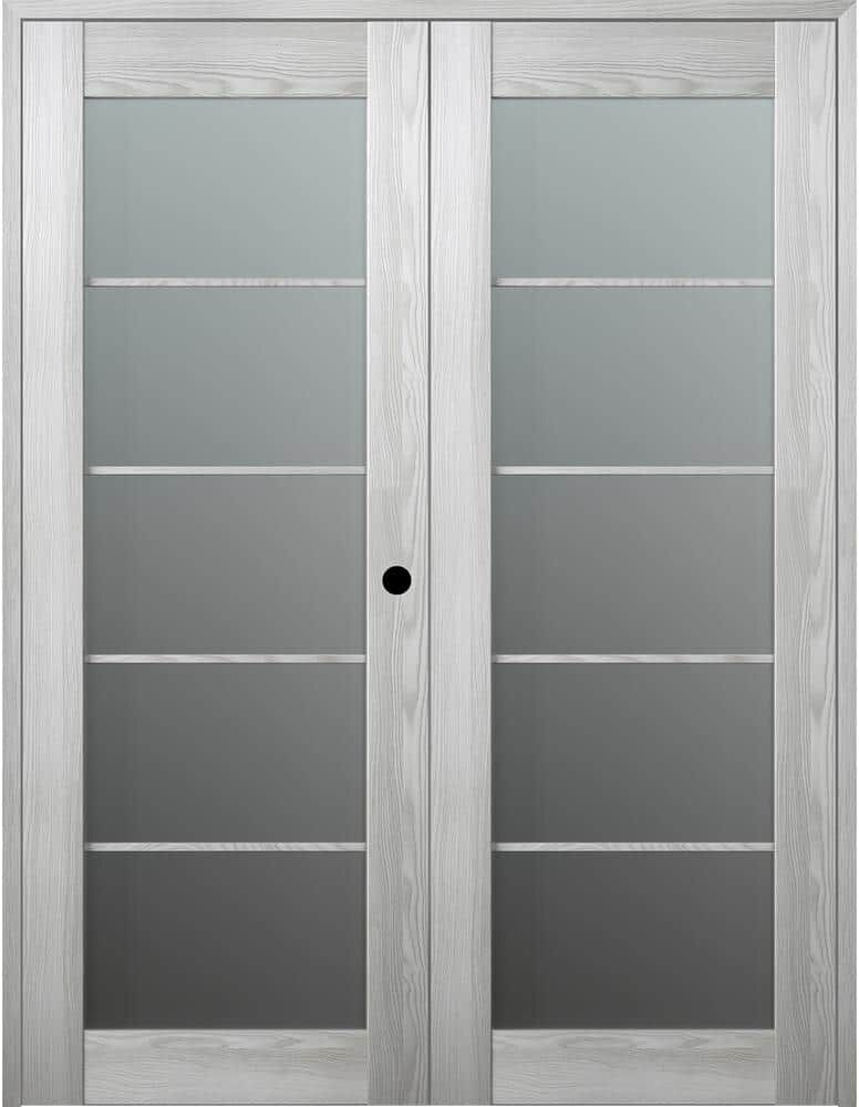 Belldinni Vona 5 Lite 48 in.x 84 in. Left Hand Active Frosted Glass Ribeira Ash Wood Composite Double Prehung French Door