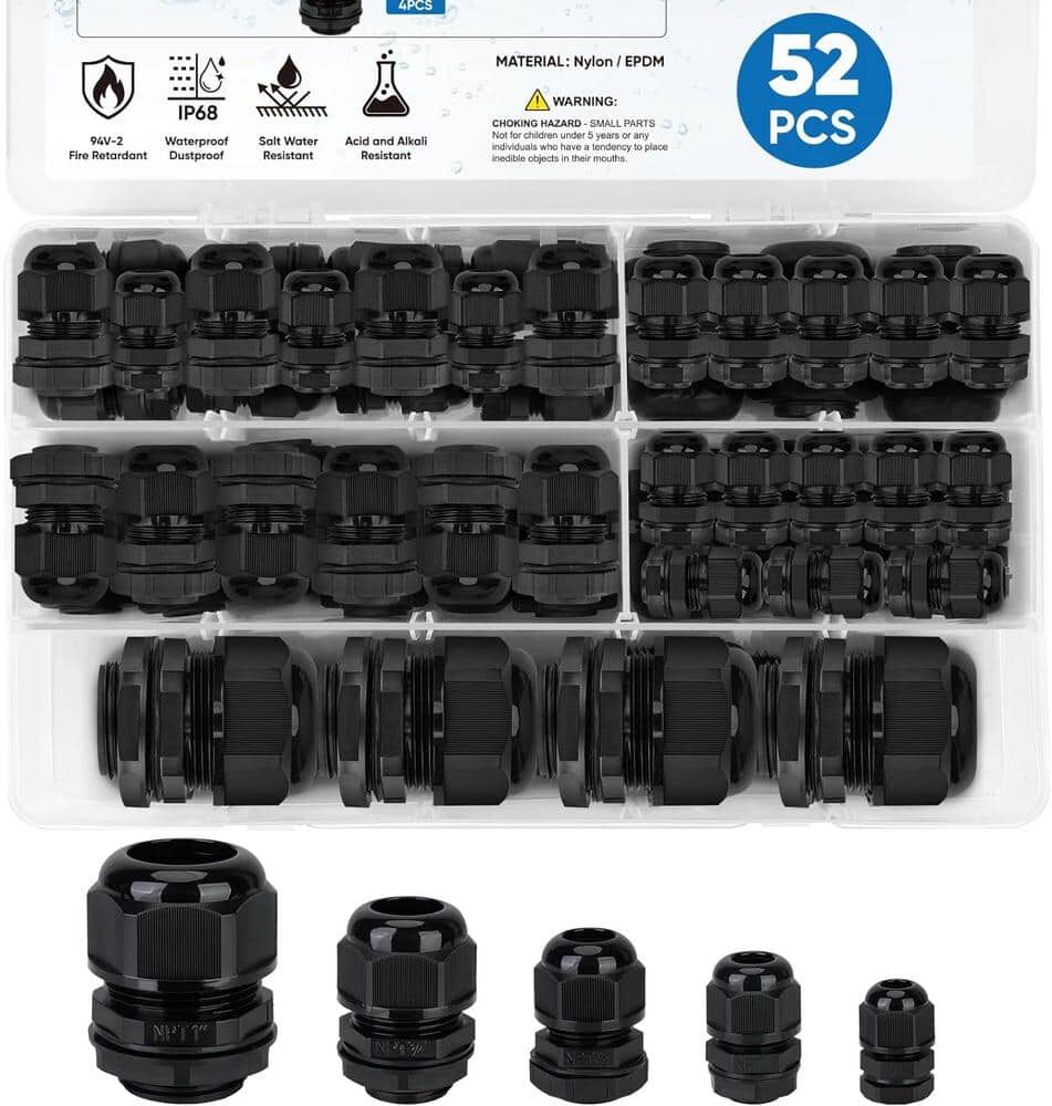 Etokfoks Waterproof Cable Gland Kit Nylon NPT Adjustable Cable Connectors Assortment 1/4, 3/8, 1/2, 3/4, 1 in. 52 Pcs. in Black