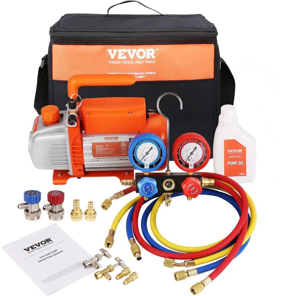 VEVOR HVAC Air Vacuum Pump 1/5 HP 3.5 CFM AC Vacuum Pump Gauge Set 1-Stage Rotary Vane with Hose Carry Bag for R134a R1234yf