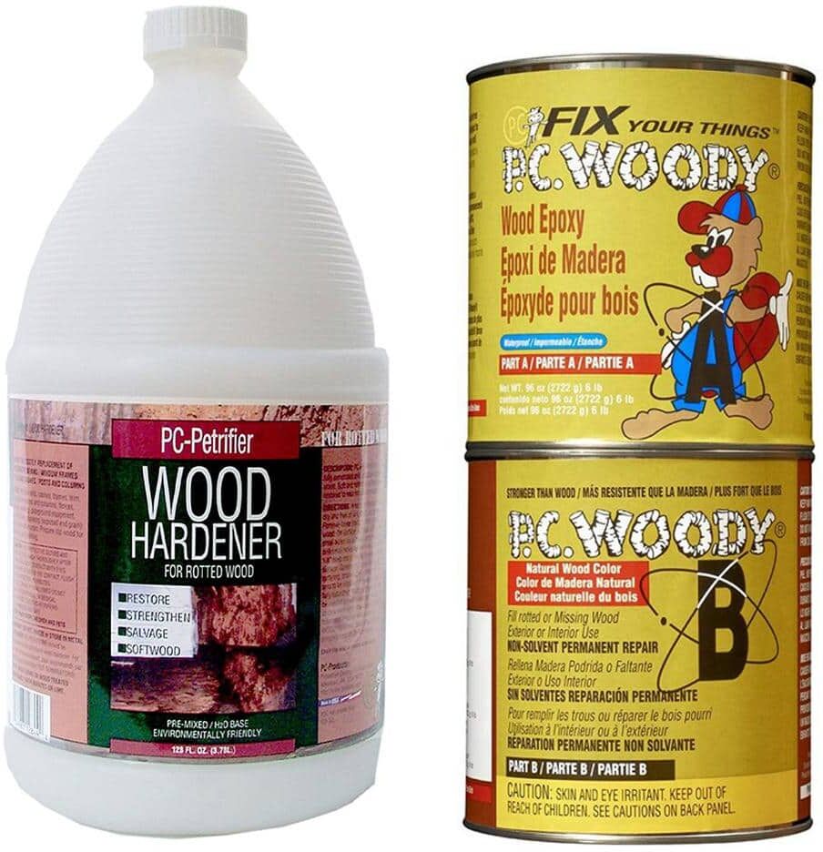 PC Products PC-Woody Wood Repair Epoxy Paste, Two-Part 96 oz. and 1 Gal. PC-Petrifier Wood Hardener