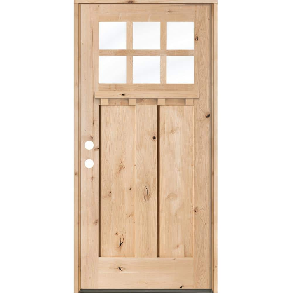 Krosswood Doors 36 in. x 80 in. Craftsman 2 Panel 6-Lite Clear Low-E /Dentil Shelf Right-Hand Unfinished Wood Alder Prehung Front Door