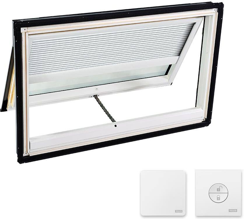 VELUX 44-1/4 in. x 26-7/8 in. Venting Deck Mount Skylight w/ Laminated Low-E3 Glass & White Solar Powered Room Darkening Blind