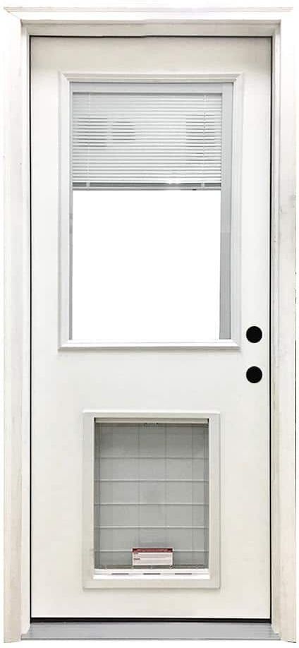 Steves & Sons 32 in. x 80 in. Reliant Series Clear Mini-Blind LHIS White Primed Fiberglass Prehung Front Door with XL Pet Door