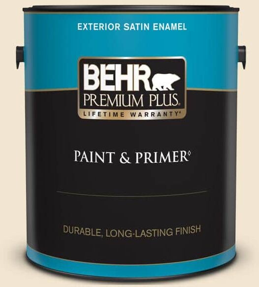 BEHR PREMIUM PLUS 1 gal. #S310-1 Writing Paper Satin Enamel Exterior Paint & Primer