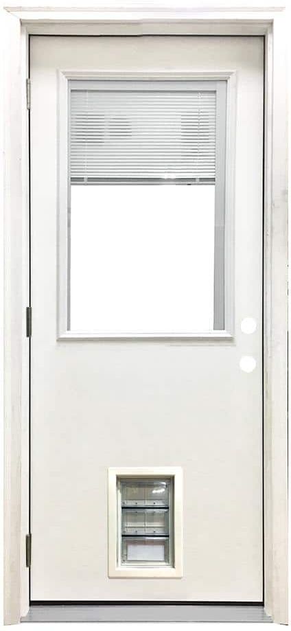 Steves & Sons 32 in. x 80 in. Reliant Series Clear Mini-Blind RHOS White Primed Fiberglass Prehung Front Door with Med Pet Door