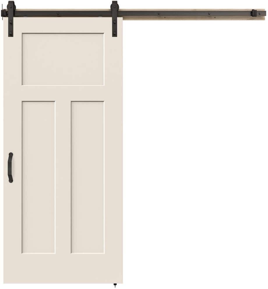 JELD-WEN 36 in. x 84 in. 3 Panel Craftsman Primed Smooth Molded Composite MDF Barn Door with Rustic Hardware Kit