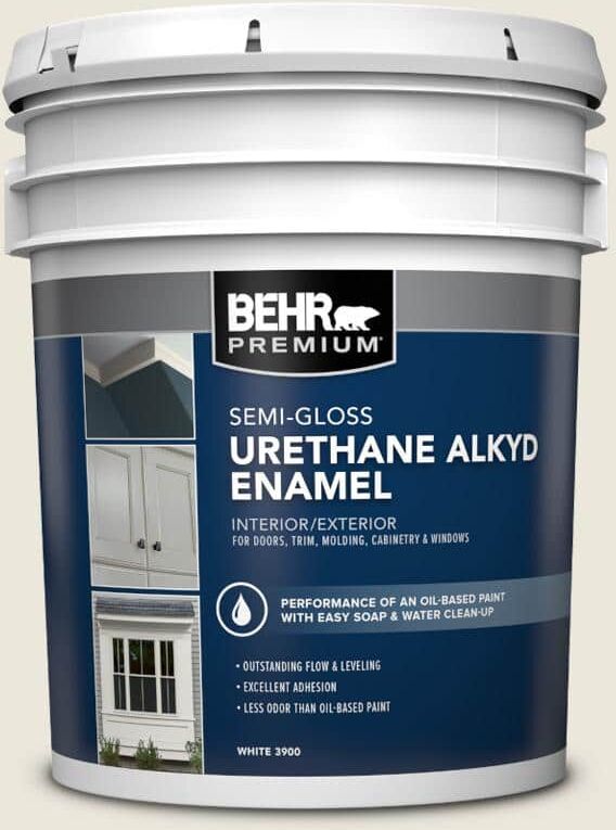 BEHR PREMIUM 5 gal. #BXC-32 Picket Fence White Urethane Alkyd Semi-Gloss Enamel Interior/Exterior Paint