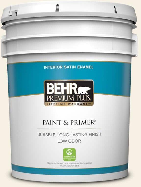 BEHR PREMIUM PLUS 5 gal. #OR-W14 White Veil Satin Enamel Low Odor Interior Paint & Primer