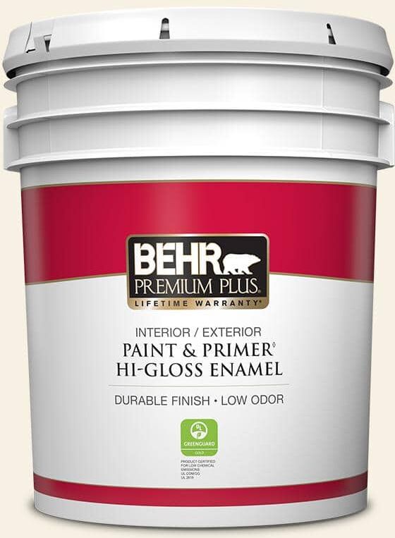 BEHR PREMIUM PLUS 5 gal. #OR-W14 White Veil Hi-Gloss Enamel Interior/Exterior Paint & Primer