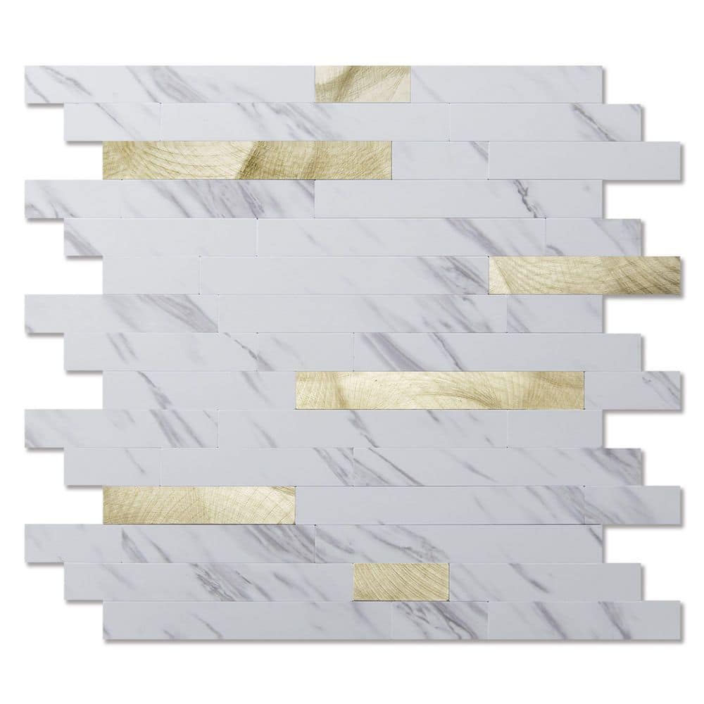 Art3d White Slate with Gold Studded 11.8 in. x 13.4 in. PVC Peel Stick Tile for Kitchen Bathroom Fireplace (10 sq.ft./ Box)