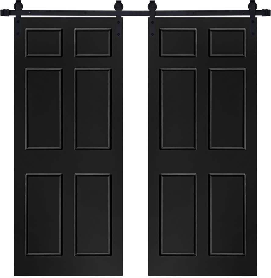 AIOPOP HOME Modern 6-Panel Designed 60 in. x 84 in. MDF Panel Black Painted Double Sliding Barn Door with Hardware Kit