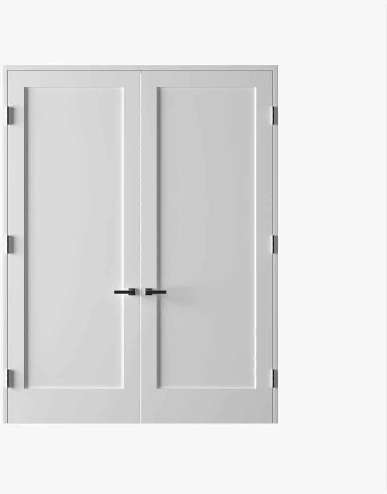 RESO 64 In. x 96 In.Bi-Parting Solid Core Primed White Composite Double Pre-hung French Door Catch Ball Satin Nickel Hinges