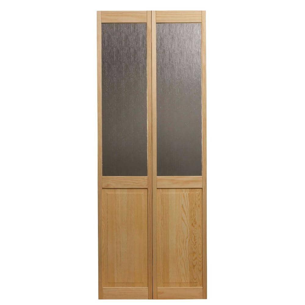Pinecroft 24 in. x 80 in. Rain Glass Over Raised Panel 1/2-Lite Pine Interior Wood Bi-Fold Door