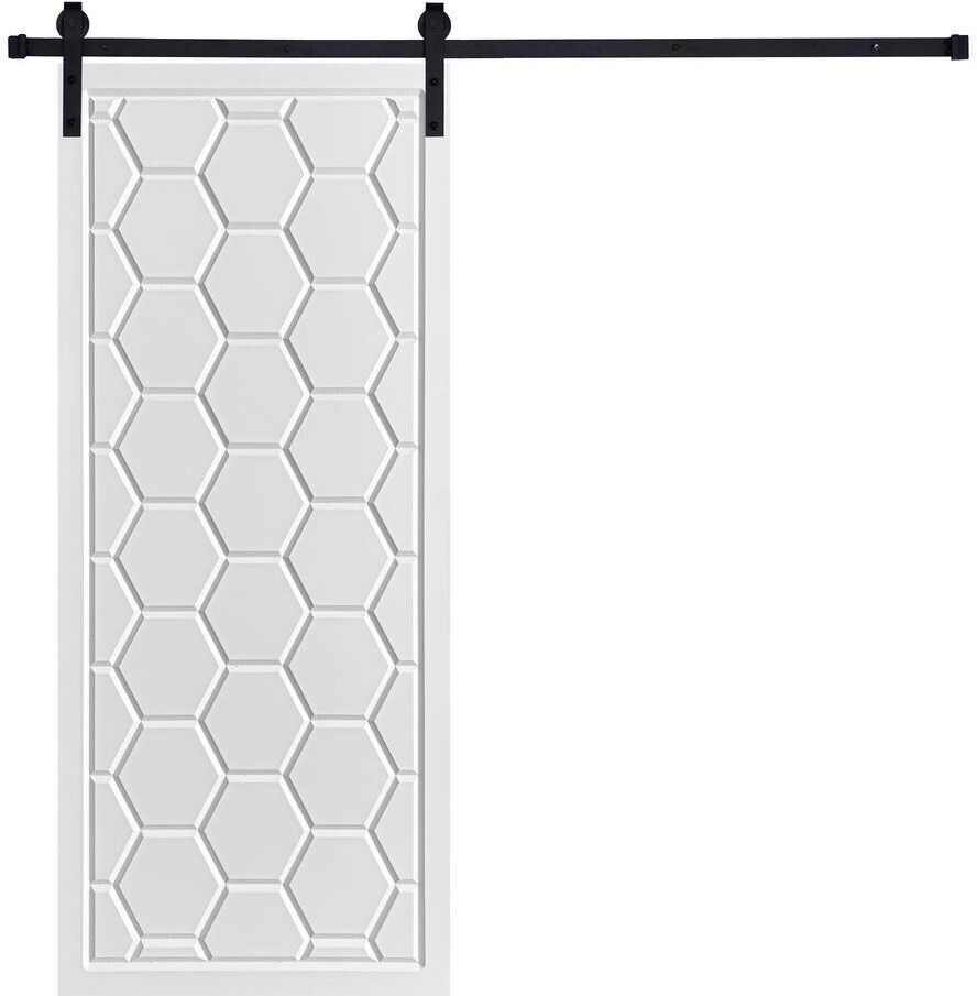 AIOPOP HOME Modern Framed Honeycomb Designed 84 in. x 32 in. MDF Panel White Painted Sliding Barn Door with Hardware Kit