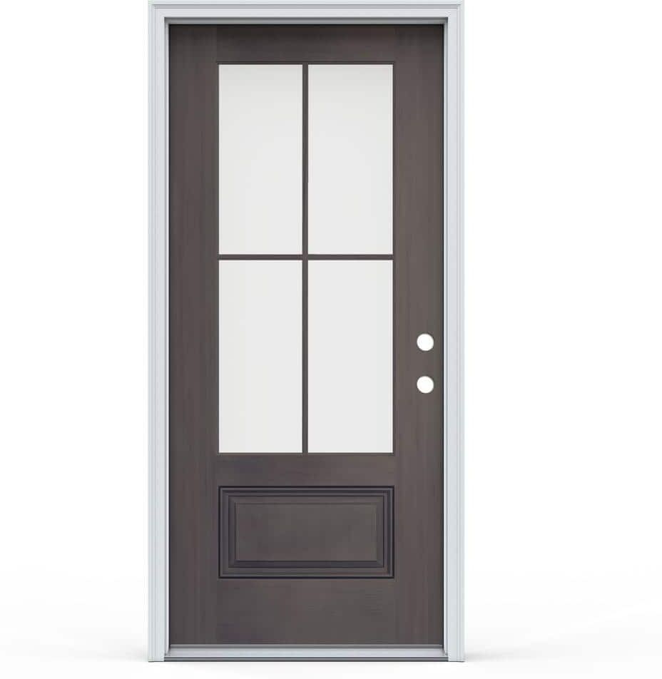 JELD-WEN 36 in. x 80 in. 1 Panel Left-Hand/Inswing 4 Lite Clear Glass Earl Grey Fiberglass Prehung Front Door with Brickmould