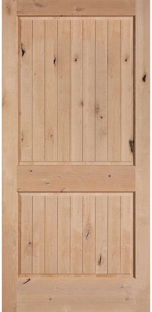 Masonite 40 in. x 84 in. Knotty Alder Veneer 2-Panel Plank V-Groove Solid Wood Interior Barn Door Slab