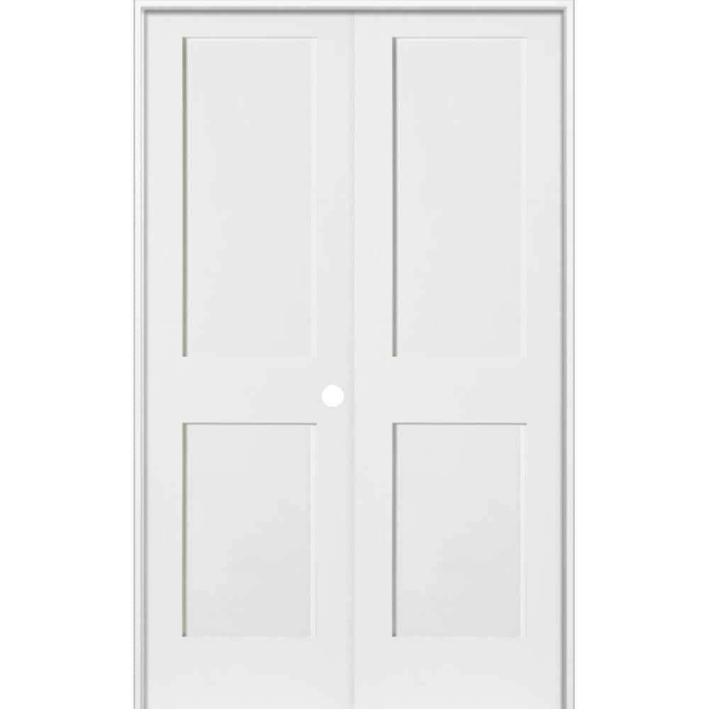 Krosswood Doors 56 in. x 80 in. Craftsman Shaker 2-Panel Left Handed MDF Solid Core Primed Wood Double Prehung Interior French Door