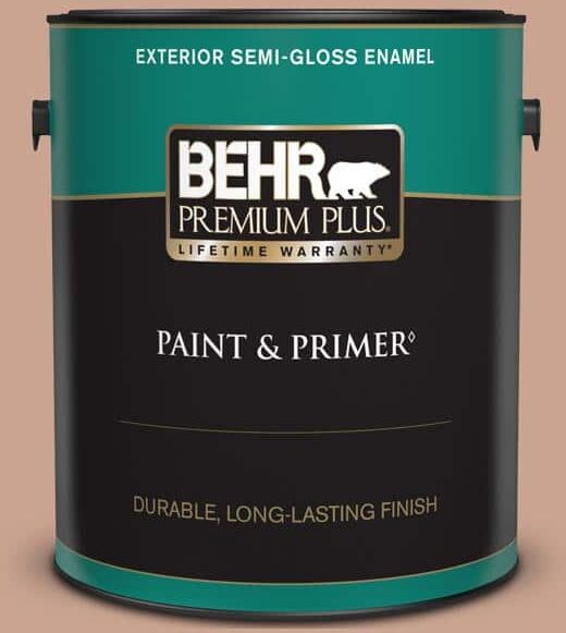 BEHR PREMIUM PLUS 1 gal. #220F-4 Sombrero Tan Semi-Gloss Enamel Exterior Paint & Primer